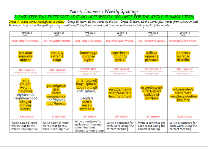 Main Spellings for year 4